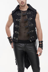Black Punk Irregular Print D-Shaped Buckle Decoration Waist Side Slits Tied Rope Tight Zipper Men's Dovetail Vest